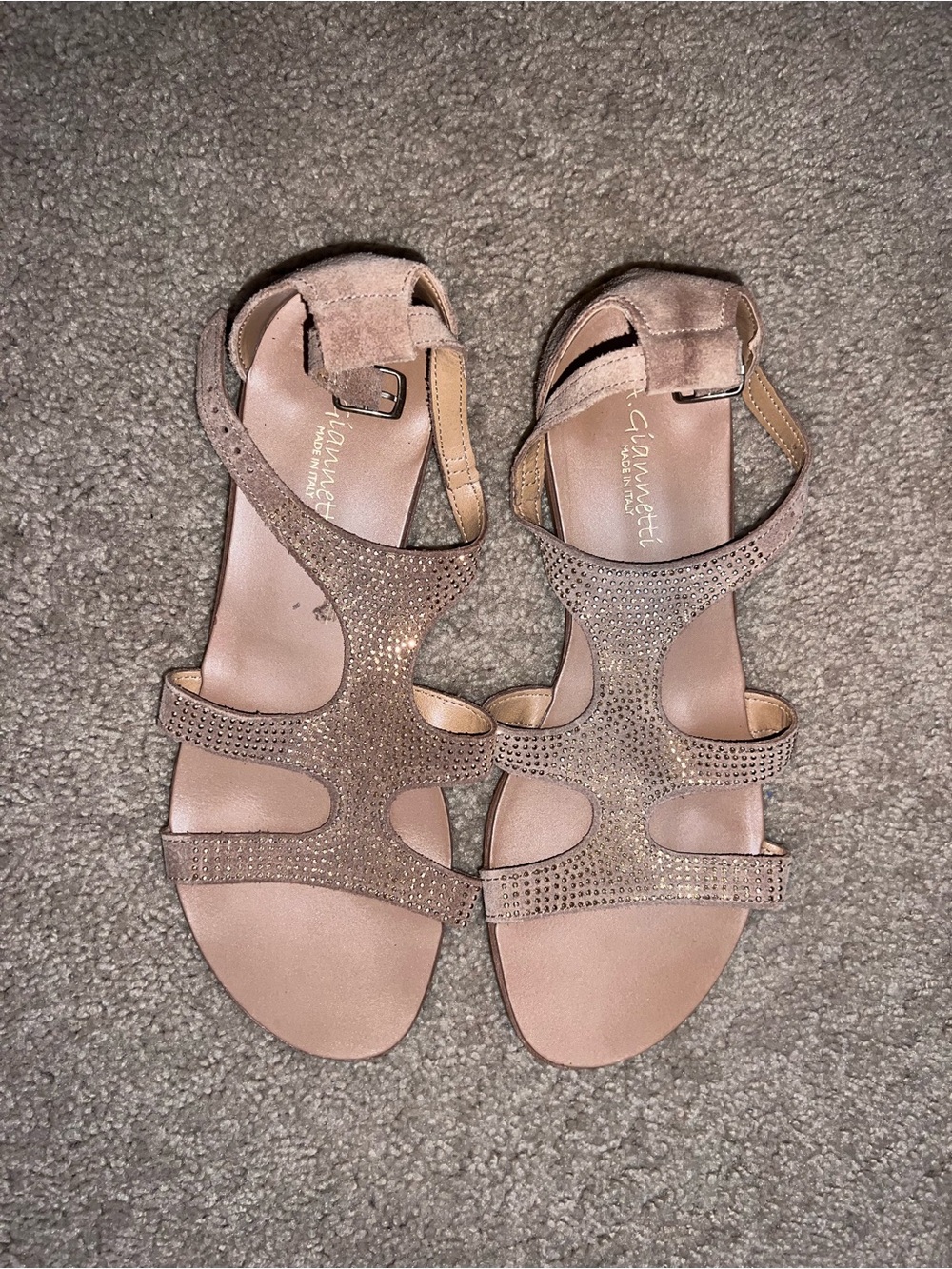 A. Giannetti Rose Gold Sparkle T-Strap Sandals